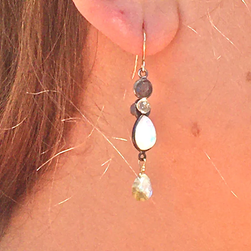 Fashionable earrings for women-Waterfall Teardrop Moonstone and Labradorite Earrings