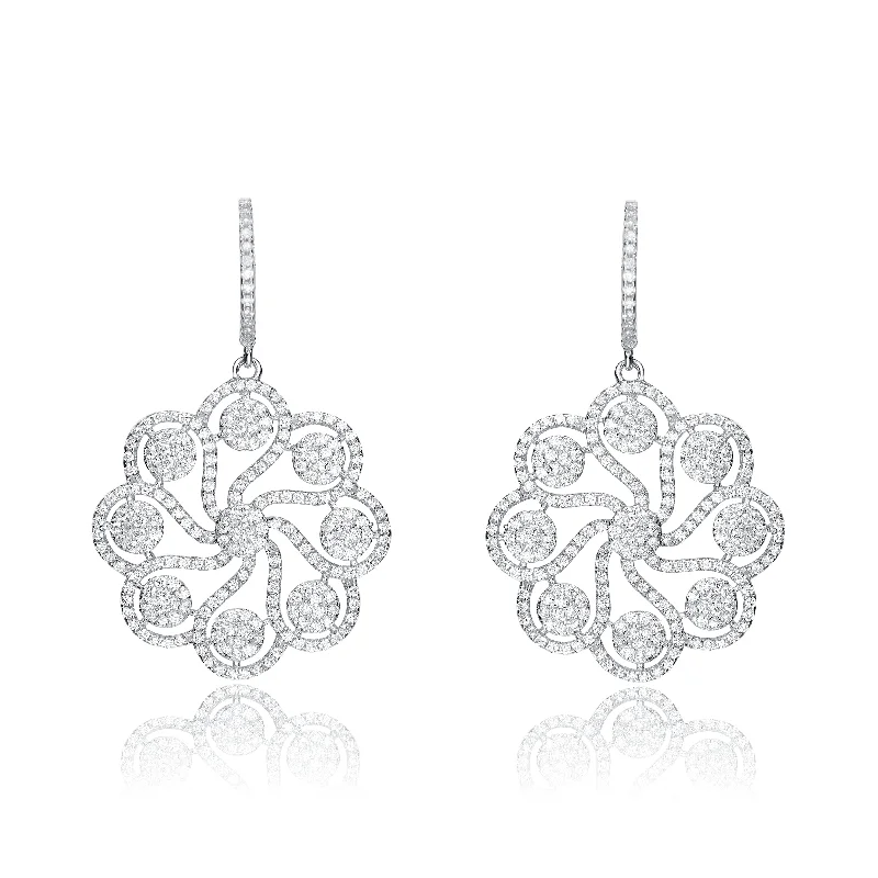 Huggie earrings for women-CZ SS Rhodium Plated Round Flower Drop Earrings