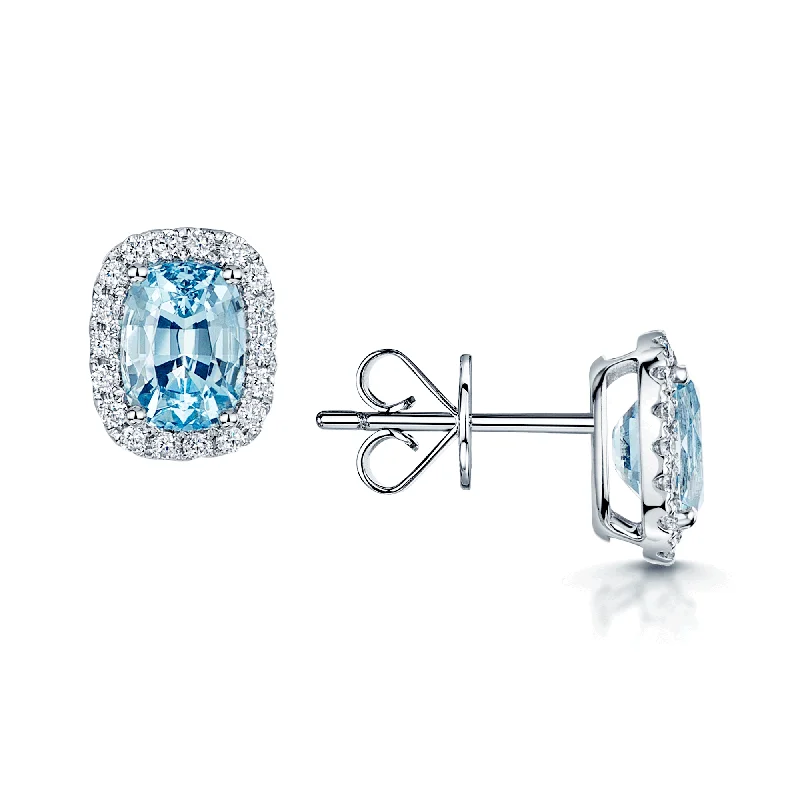 Natural diamond engagement rings for women-18ct White Gold Elongated Cushion Cut Aquamarine with Diamond Halo Earstuds