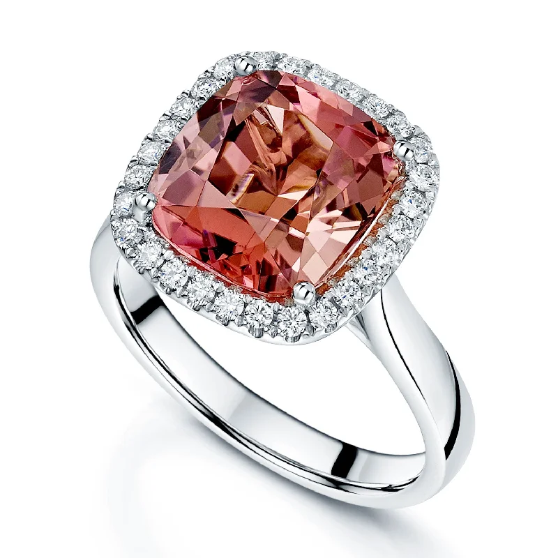 Engagement rings with opals for women-Platinum Cushion Cut Pink Tourmaline And Diamond Halo Surround Dress Ring