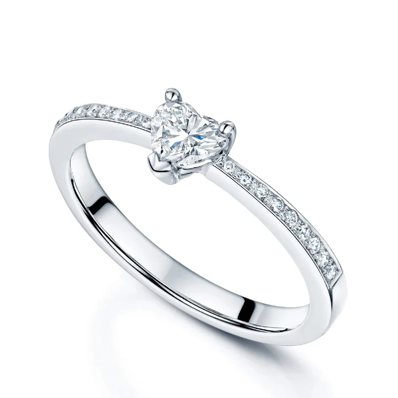 Engagement rings for women with gemstones-Platinum Heart Cut Diamond 0.40ct Solitaire Ring with 0.10ct Diamond Pave Set Shoulders