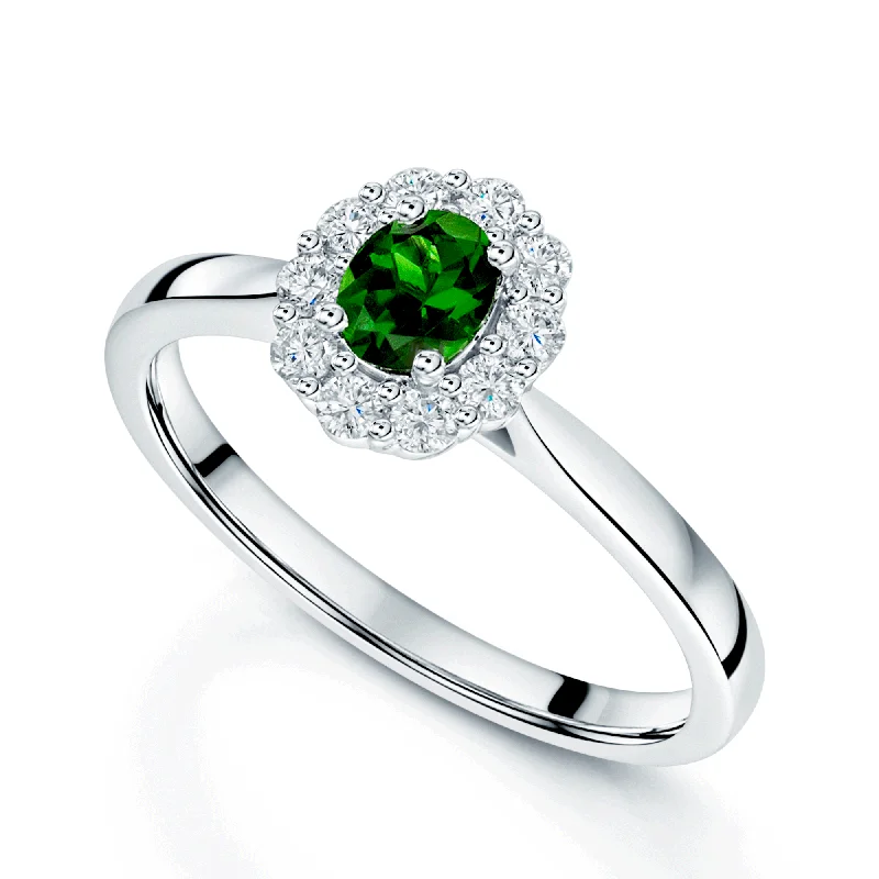 Gold engagement rings for women-Platinum Oval Cut Tsavorite And Round Brilliant Cut Diamond Cluster Ring