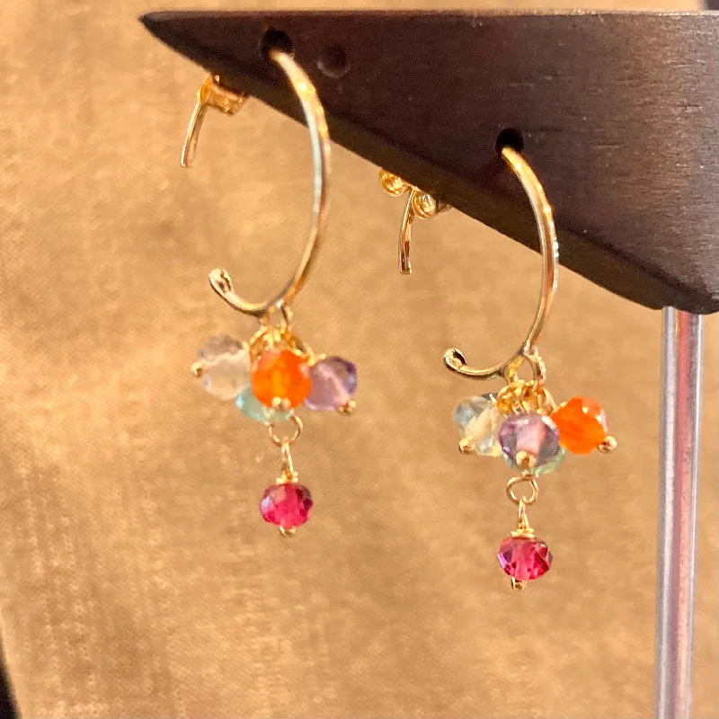 Geometric stud earrings for women-Rainbow Dangle 18K Gold Hoop Earrings