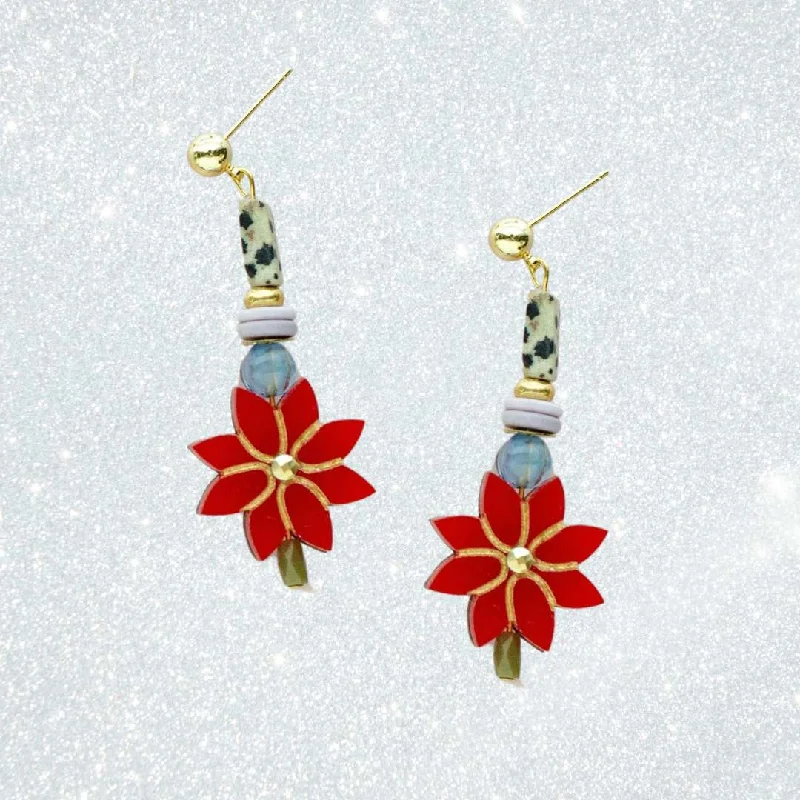 Silver earrings for women-Poinsettia Acrylic Handmade Earrings by Jill Makes