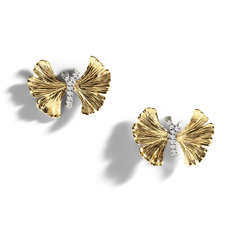 Solid gold earrings for women-Butterfly Ginkgo 18mm Earrings with Diamonds