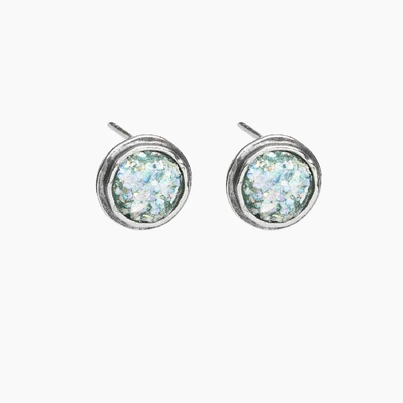 Wedding drop earrings for women-Roman Glass Patina Small Round Stud Earrings in Hammered Sterling Silver