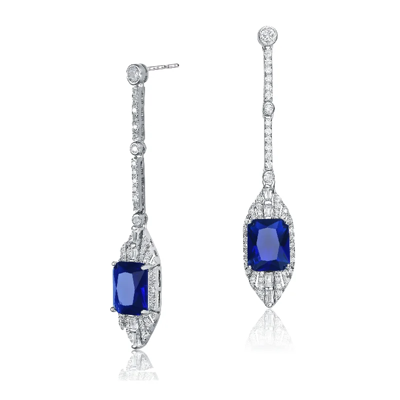 Ruby earrings for women-Sterling Silver with Rhodium Plated Sapphire Cubic Zirconia Drop Earrings