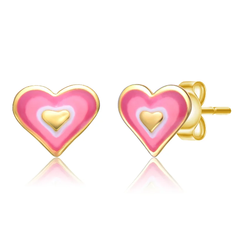 Classy earrings for women-Toddler/Kids 14K Gold Plated Pink & White Enamel Heart Stud Earrings