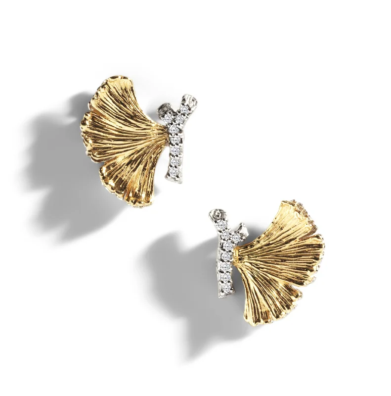 Colored gemstone earrings for women-Butterfly Ginkgo 14mm Earrings with Diamonds