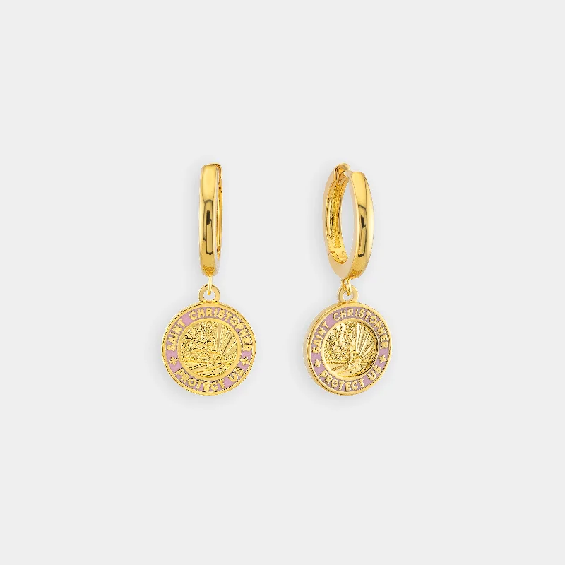 Teardrop earrings for women-St. Christopher Earrings - Gold / Pink