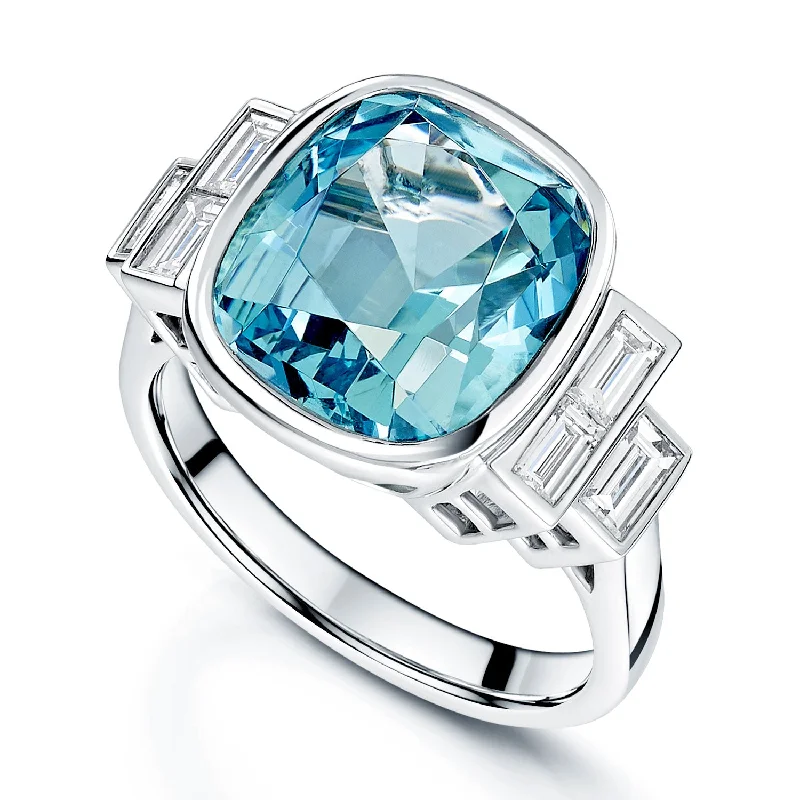 Three stone engagement rings for women-Platinum Cushion Cut Aquamarine And Baguette Diamond Dress Ring