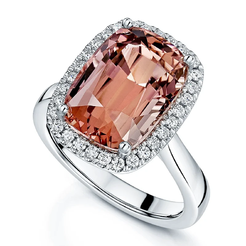 Yellow gold engagement rings for women-Platinum Pink Tourmaline And Diamond Halo Ring