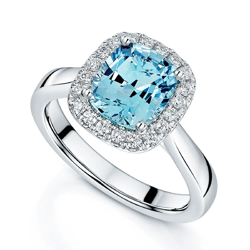 Affordable diamond engagement rings for women-Platinum Aquamarine and Diamond Halo Ring