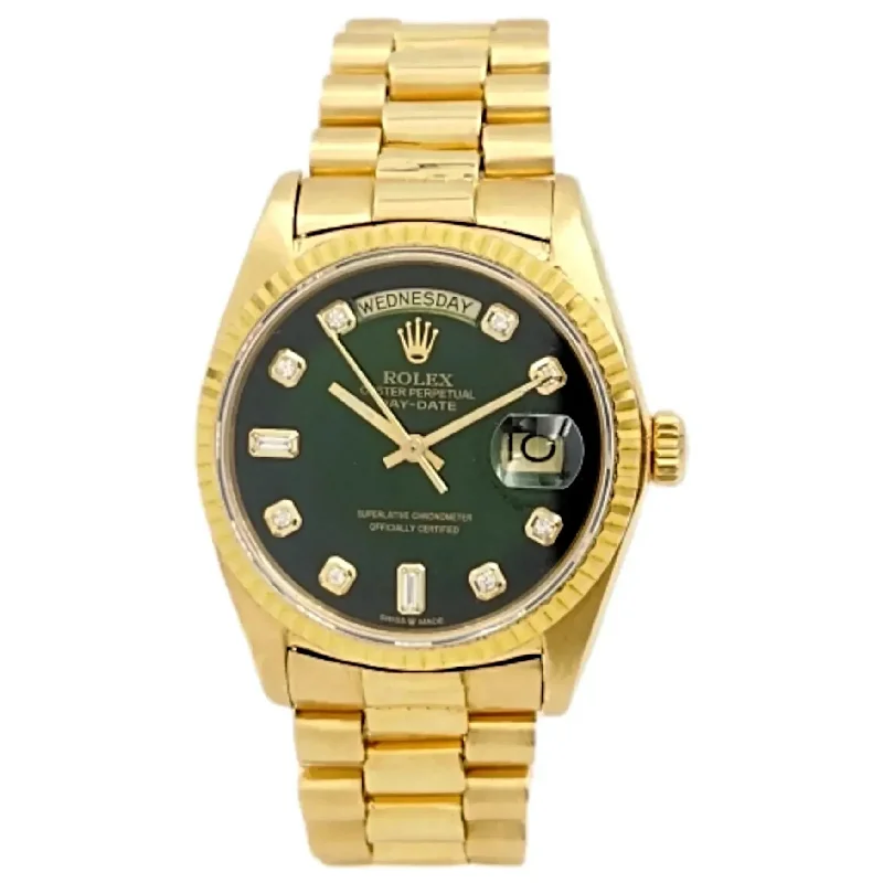 White gold solitaire engagement rings for women-Men's Rolex 36mm Presidential 18K Yellow Gold Watch with Green Diamond Dial and Fluted Bezel. (Pre-Owned 18038)