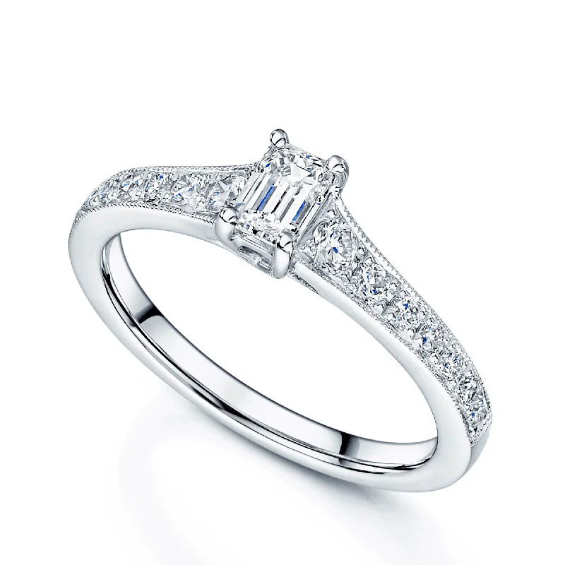 Engagement rings with side stones for women-Platinum Emerald Cut Diamond Solitaire With Milgrain Diamond Set Band