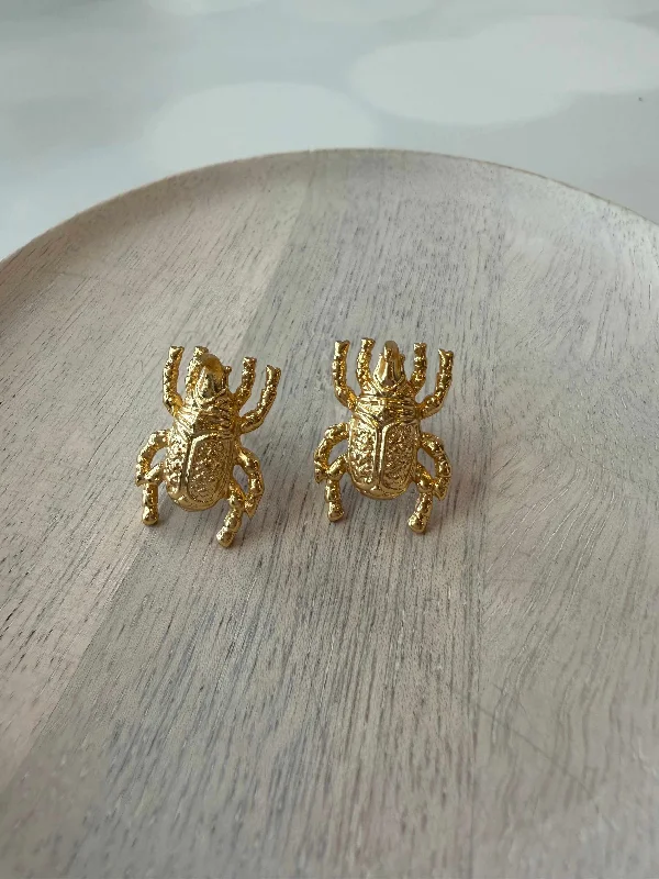 Elegant drop earrings for women-Gold Beetle Stud Earrings