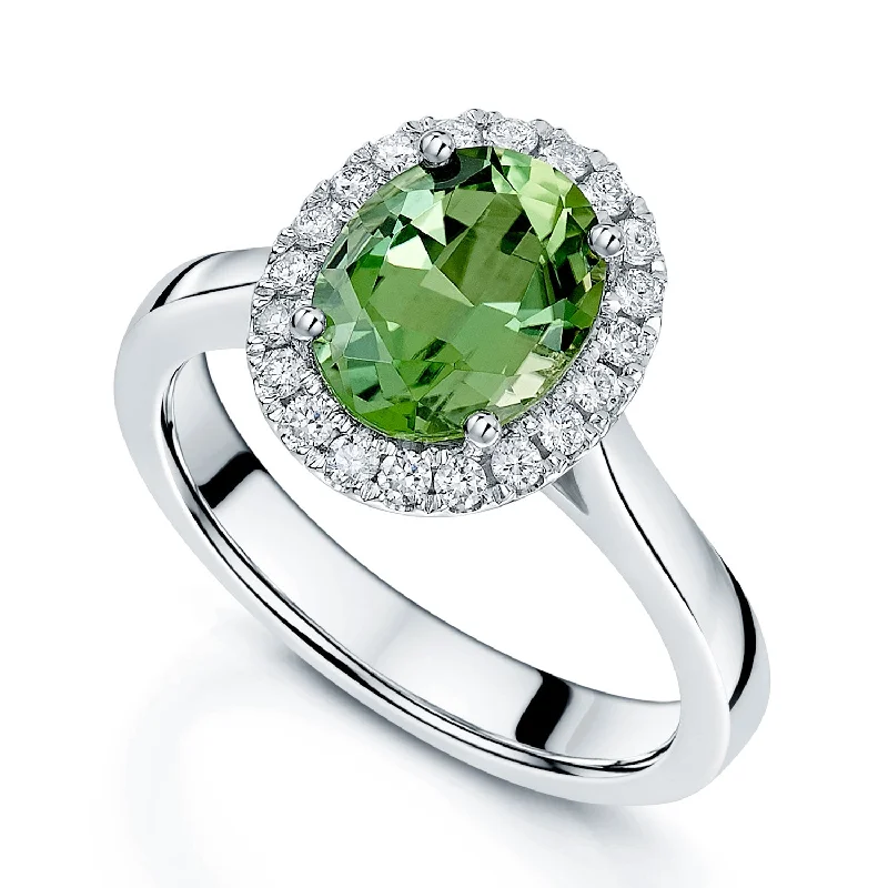 Engagement rings for women with gemstones-Platinum Chrome Green Tourmaline And Diamond Oval Halo Ring