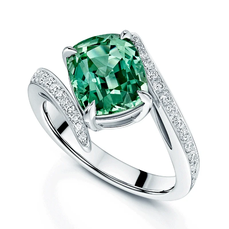 Unique halo engagement rings for women-Platinum Cushion Cut Green Mint Tourmaline And Pave Set  Diamond Twist Ring