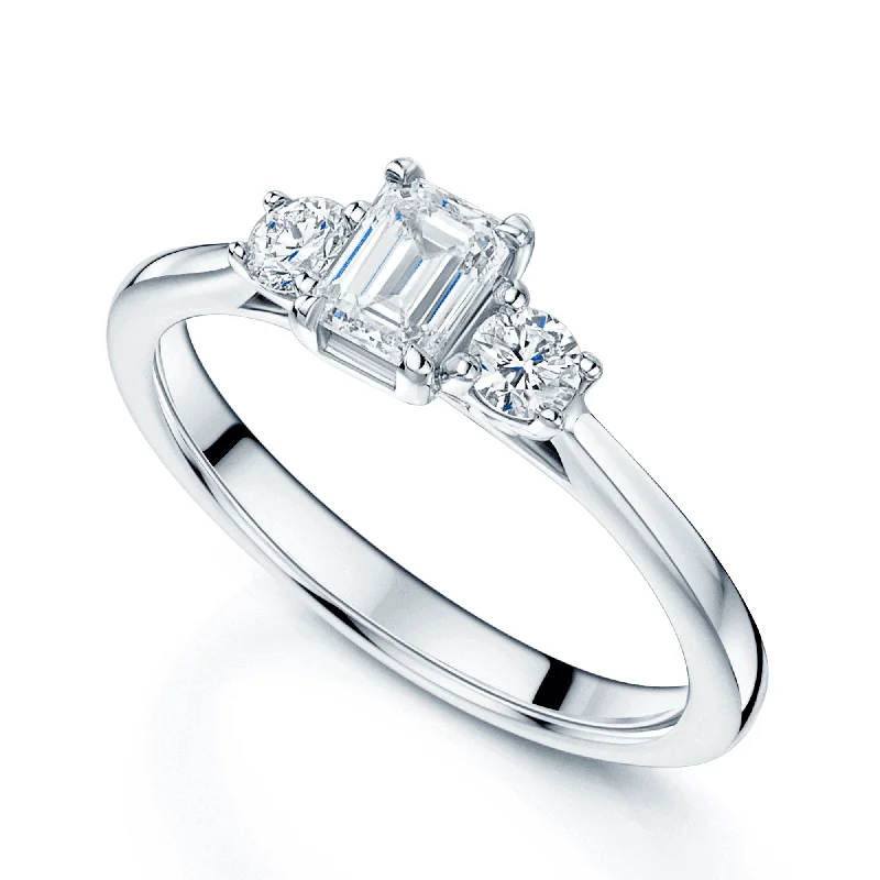 Affordable engagement rings for women-Platinum GIA Certificated Emerald Cut And Round Brilliant Cut Diamond Three Stone Ring