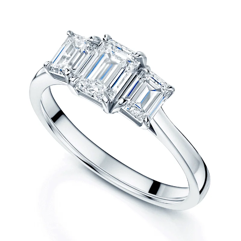 Engagement rings with a modern twist for women-Platinum GIA Certificated Emerald Cut Diamond Three Stone Ring