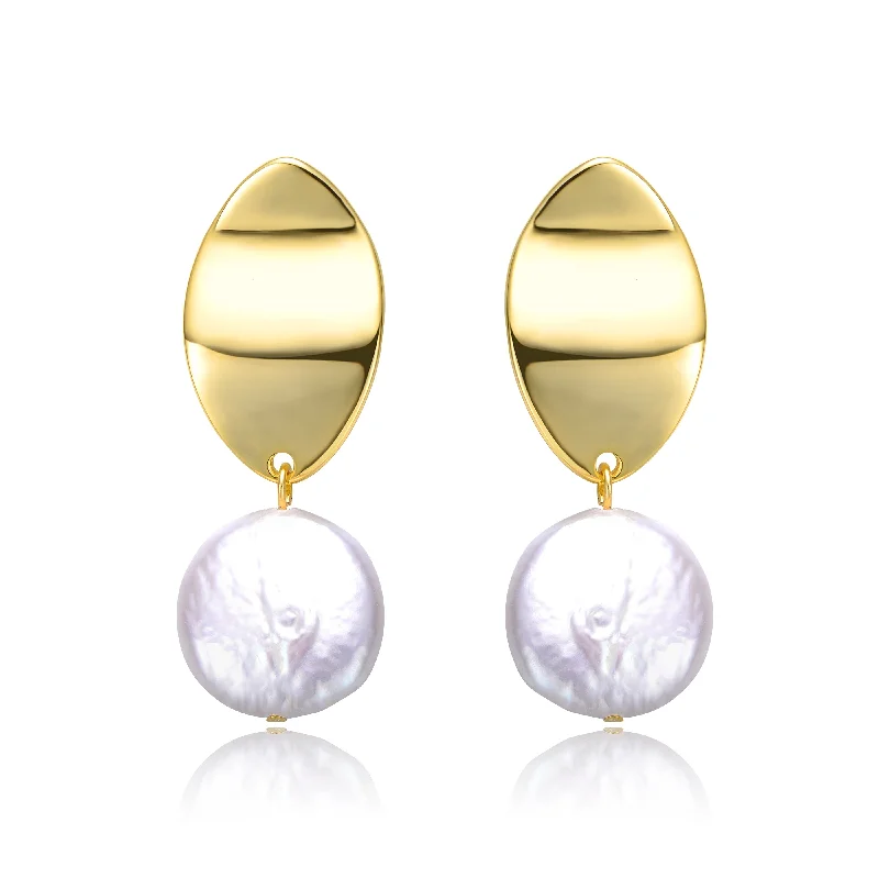 Teardrop earrings for women-Sterling Silver 14k Yellow Gold Plated with White Coin Pearl Dangle Drop Marquise Medallion Earrings