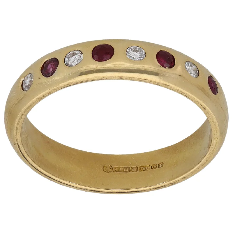 Custom diamond engagement rings for women-18ct Gold Ruby & 0.08ct Diamond Half Eternity Ring Size M