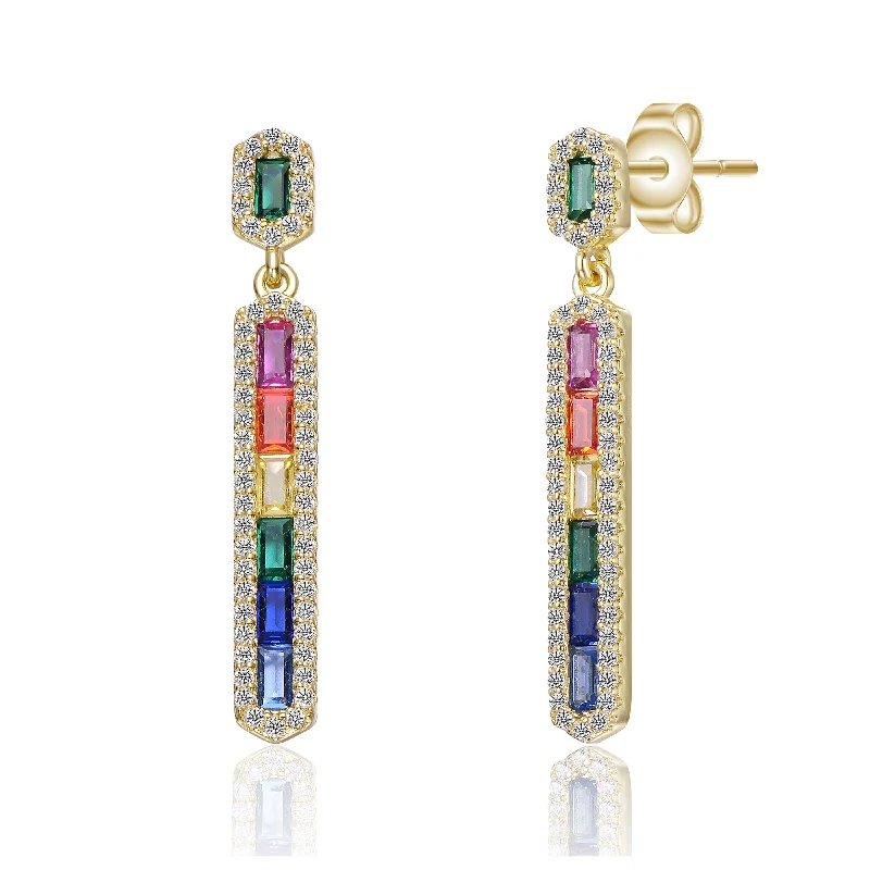 Custom gemstone earrings for women-Sterling Silver 14k Gold Plated Rainbow & White Cubic Zirconia Linear Dangle Earrings