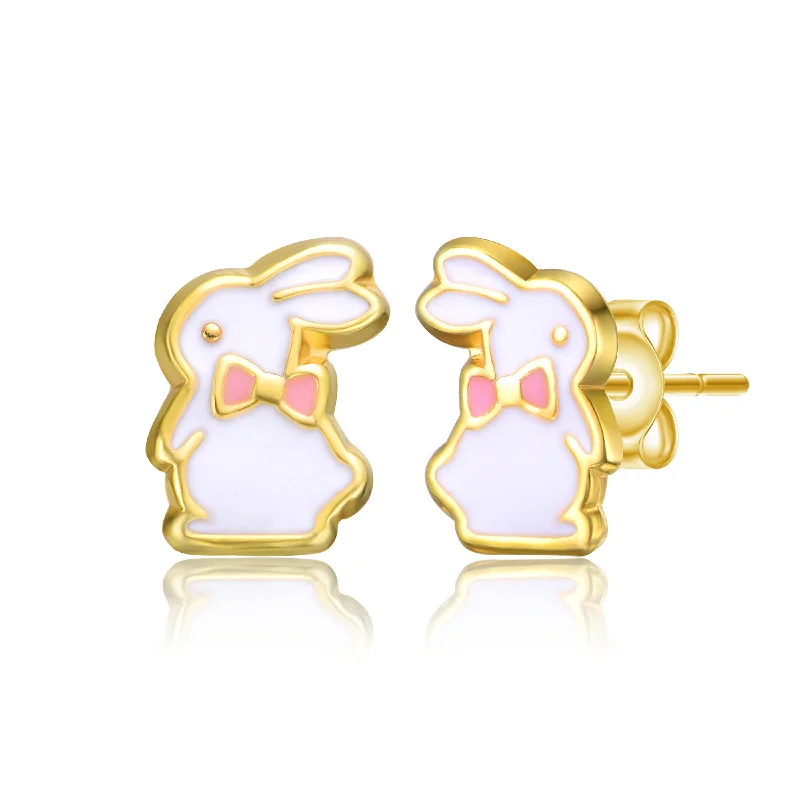 Unique gold earrings for women-14k Gold Plated White Enamel & Pink Bow Tie Bunny Rabbit Stud Earrings