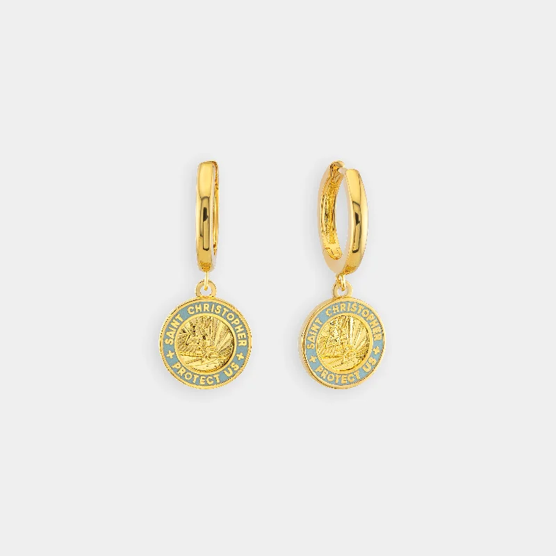 Unique earrings for women-St. Christopher Earrings - Gold / Baby Blue