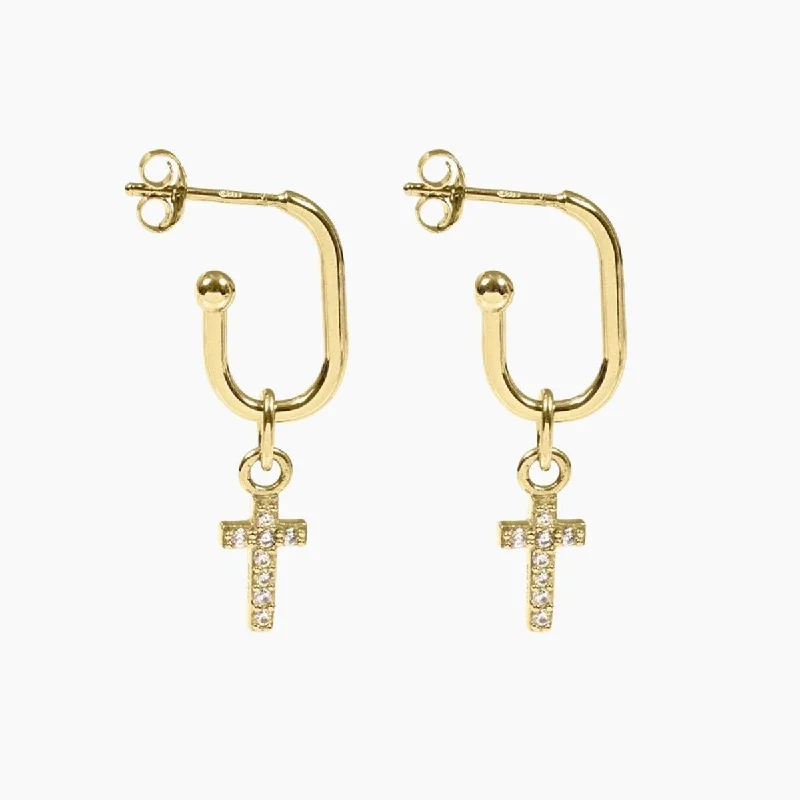 Black diamond earrings for women-Roma Cross CZ Earrings (Gold)