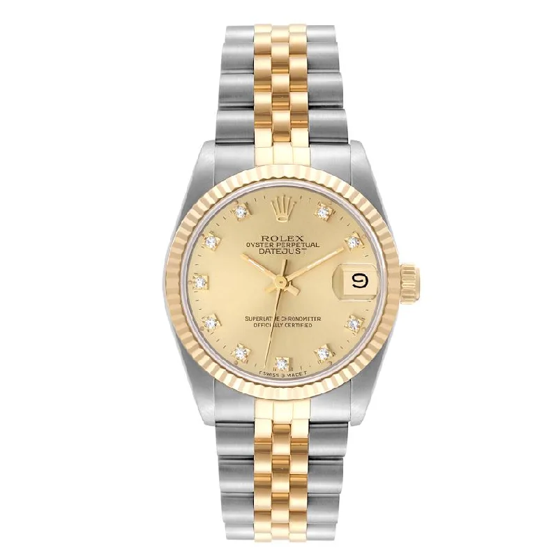 Engagement rings with side stones for women-Ladies Rolex Midsize 31mm DateJust Two Tone 18K Yellow Gold / Stainless Steel Watch with Diamond Champagne Dial and Fluted Bezel. (Pre-Owned 68273)