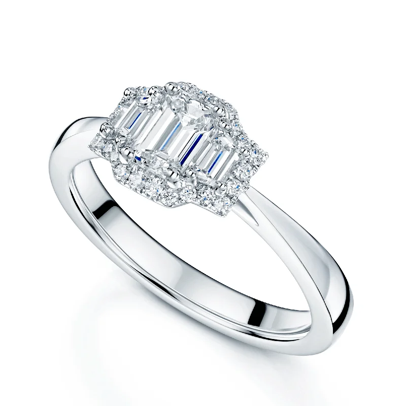 Engagement rings with pear-shaped diamonds for women-Platinum GIA Certificated Emerald Cut Diamond Trilogy Halo Ring