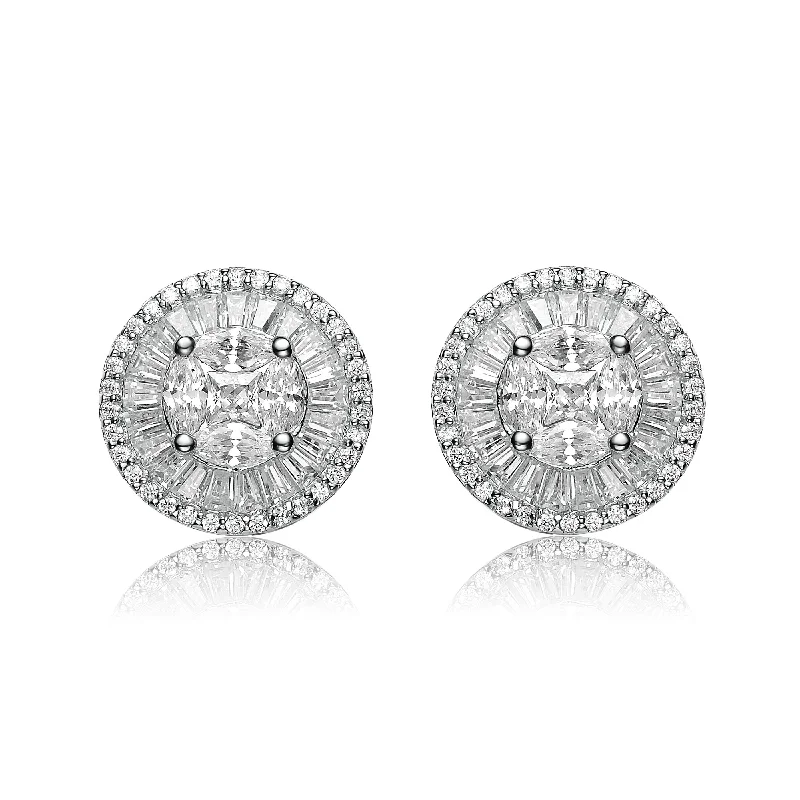 Drop earrings for women-CZ Rhodium Plated Round Baguette Earrings