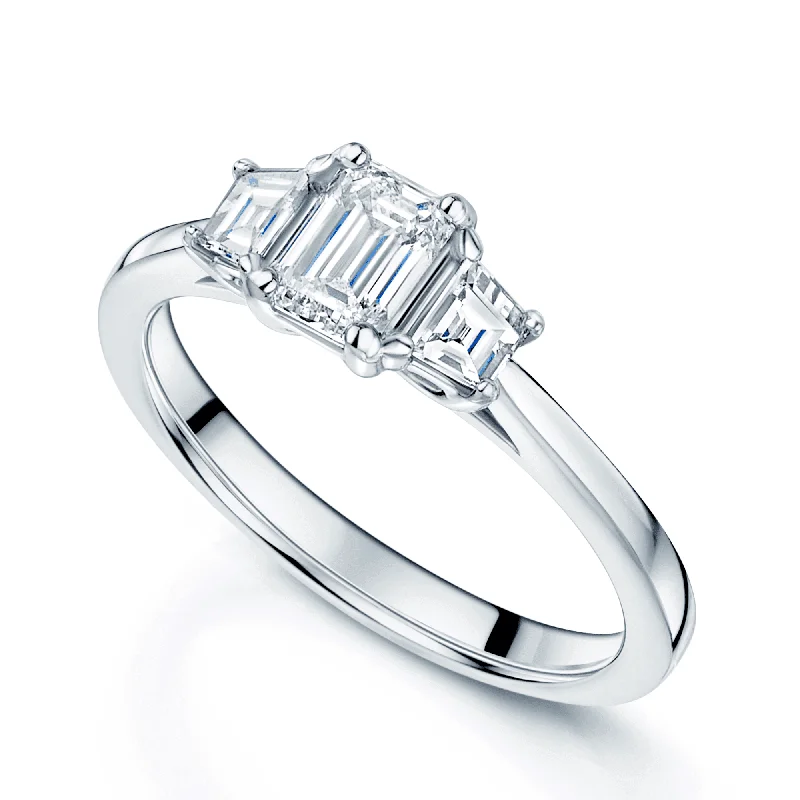 Luxury engagement rings for women-Platinum GIA Certificated Emerald Cut Diamond And Tapered Step Cut Three Stone Ring