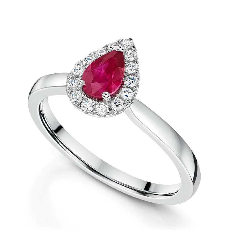 Minimalist engagement rings for women-Platinum Pear Cut Ruby Ring With Diamond Halo