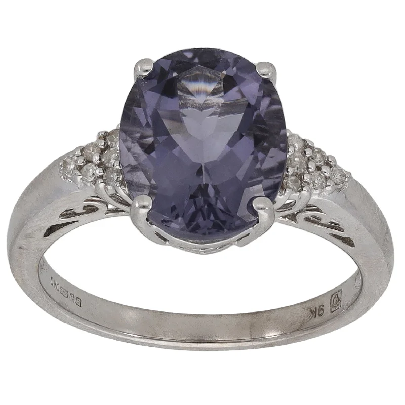 Engagement rings for women with vintage details-9ct White Gold Iolite & 0.06ct Diamond Single Stone Ring with Accent Stones Size O