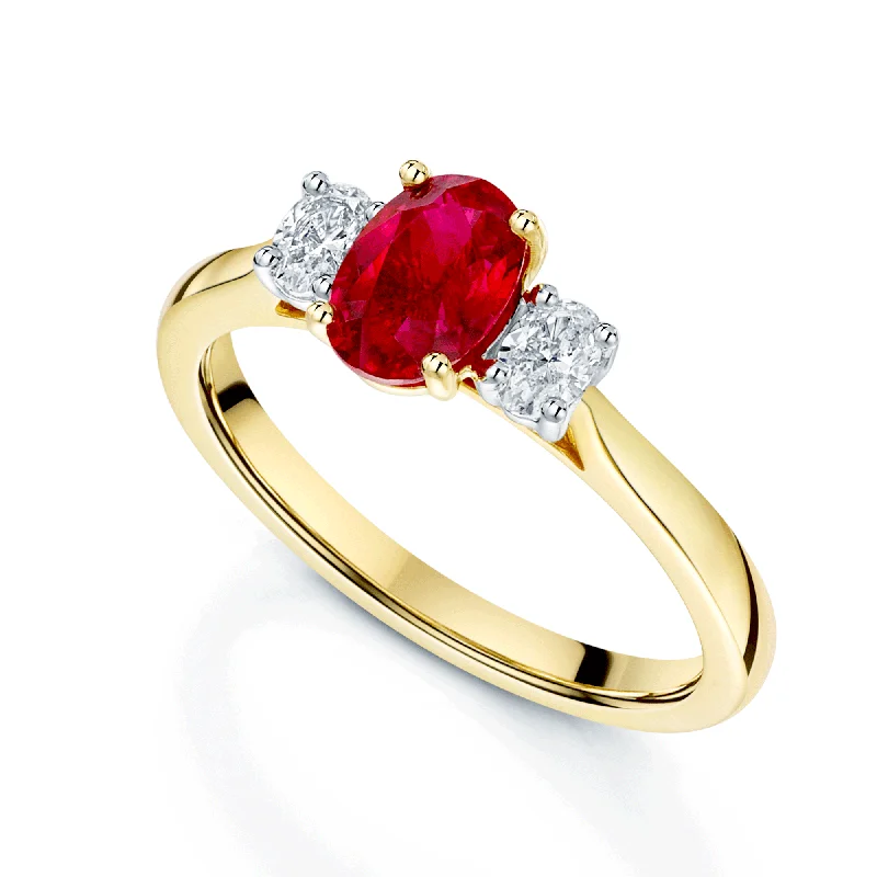 Round engagement rings for women-18ct Yellow Gold Oval Cut Ruby And Diamond Three Stone Ring