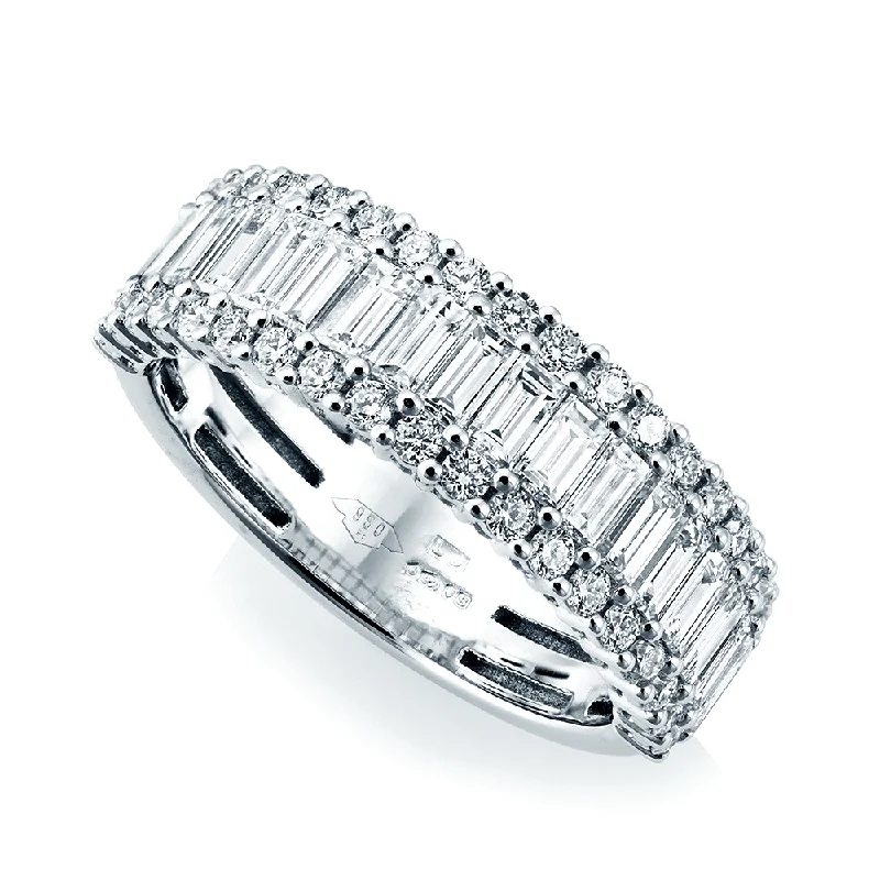 Personalized engagement rings for women-Platinum Three Row Baguette & Brilliant Cut Claw Set Diamond Dress Ring