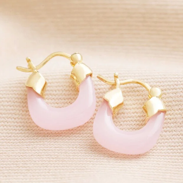 Gold earrings for women-Pink Resin Huggie Hoop Earrings