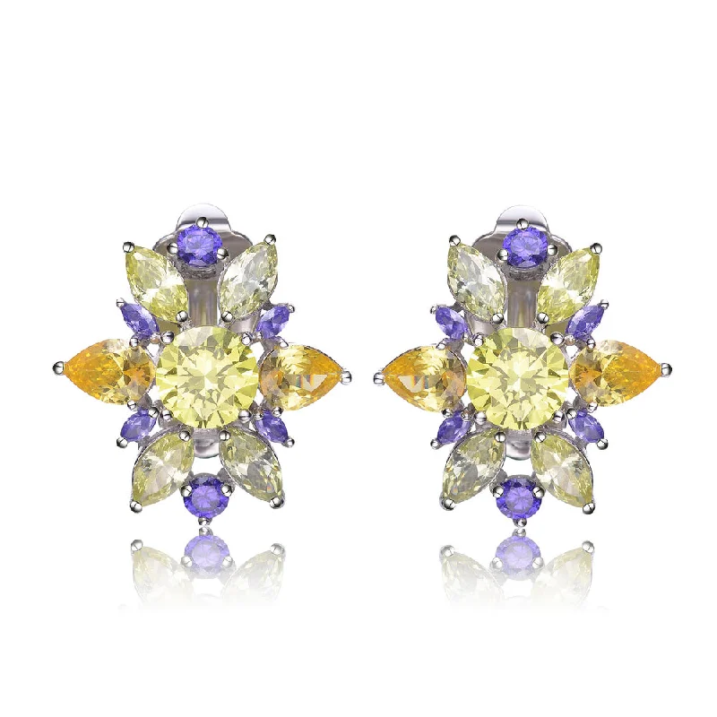 Silver hoop earrings for women-Cubic Zirconia Sterling Silver Rhodium Plated Lemon, Amethyst And Peridot Flower Earrings