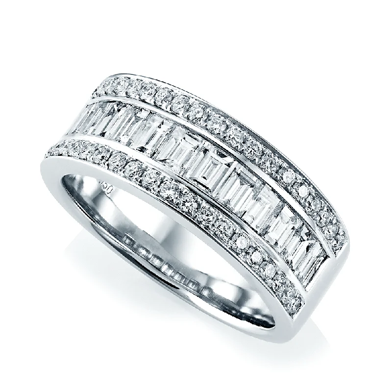 Engagement rings with sapphires for women-Platinum Three Row Baguette & Brilliant Cut Diamond Dress Ring