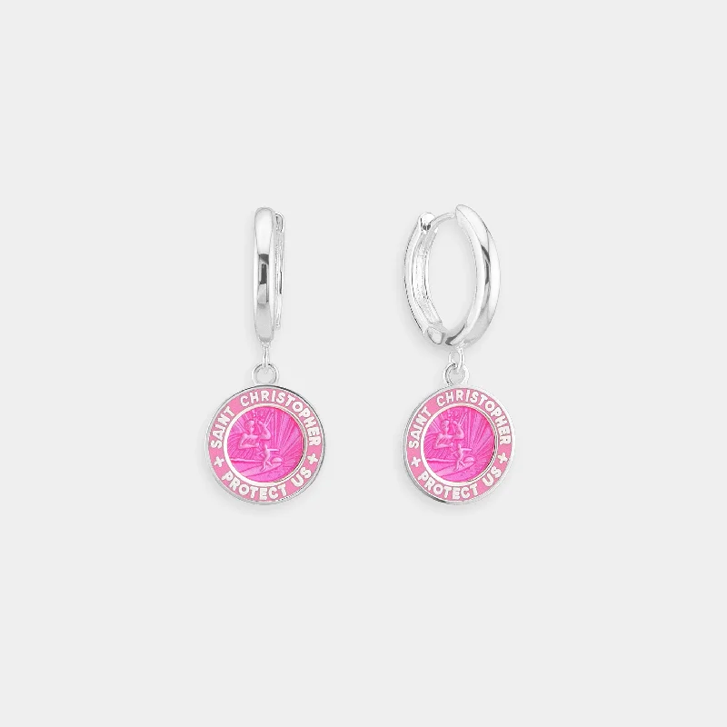 Gold diamond earrings for women-St. Christopher Earrings - Pink / Pink