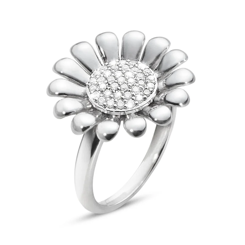 Vintage inspired engagement rings for women-Sunflower Silver Diamond Set Ring