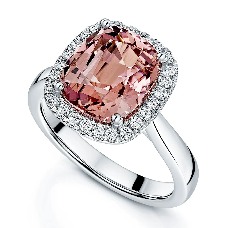 Rose gold solitaire engagement rings for women-Platinum Pink Tourmaline And Diamond Halo Ring