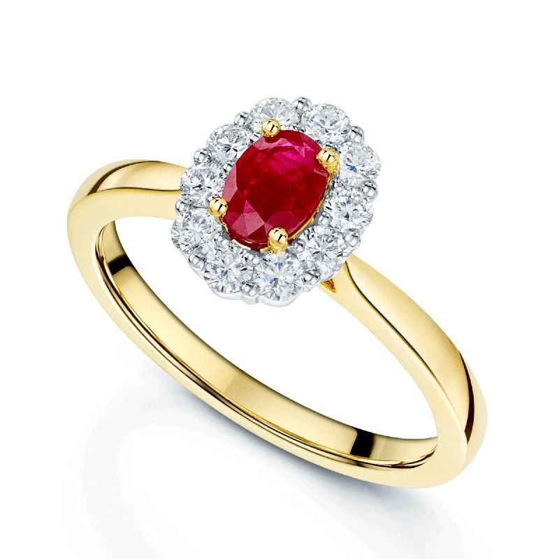 Ruby engagement rings for women-18ct Yellow Gold Oval Cut Ruby And Diamond Cluster Ring