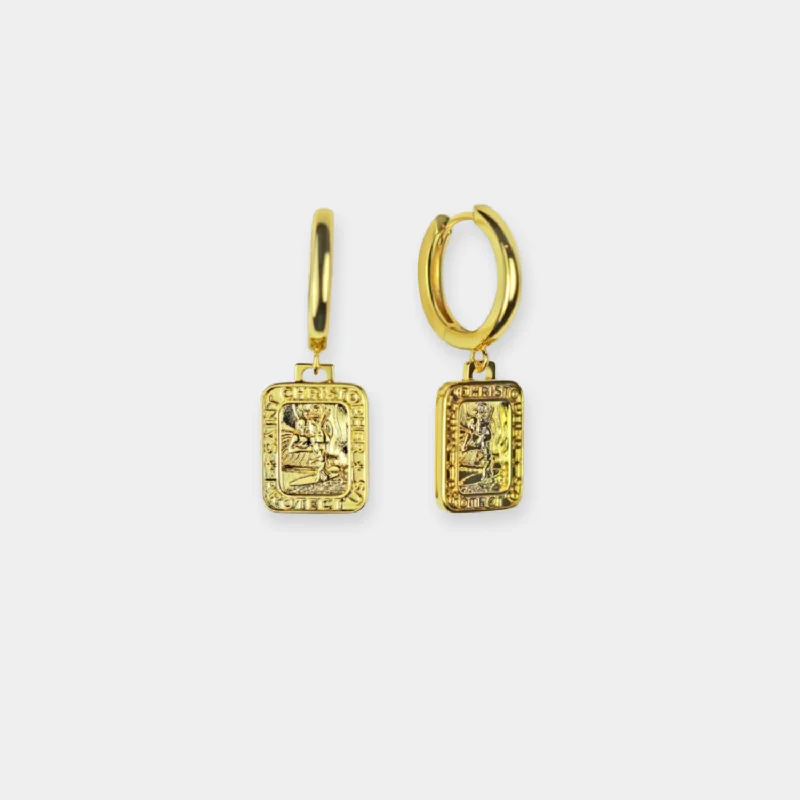 Stylish earrings for women-Gold St. Christopher Rectangle Earrings