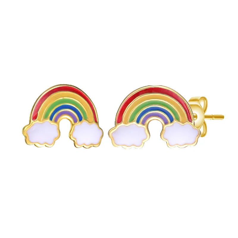 Trendy earrings for women-14k Gold Plated Colorful Rainbow Enamel & White Cloud Stud Earrings