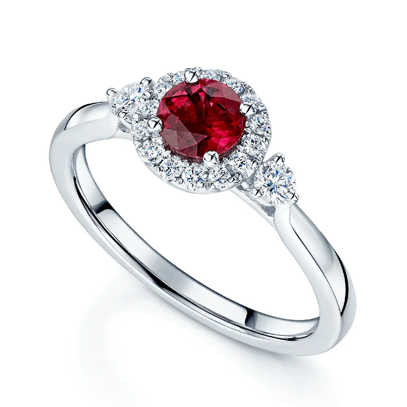 Gold engagement rings for women-Platinum Round Brilliant Ruby And Diamond Fancy Ring