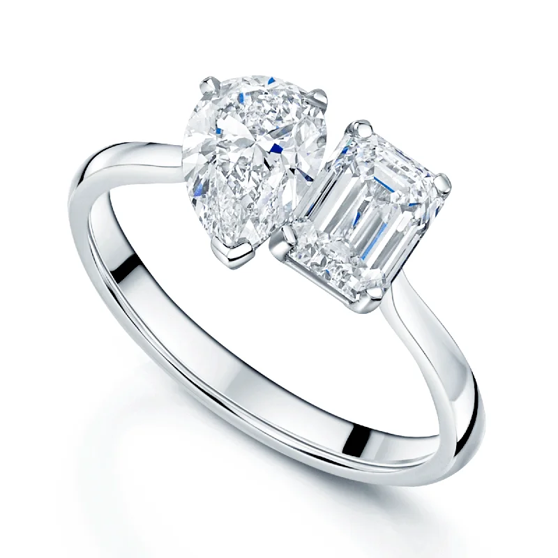 Halo engagement rings for women-Platinum Toi Et Moi Emerald Cut & Pear Cut Diamond Two Stone Ring