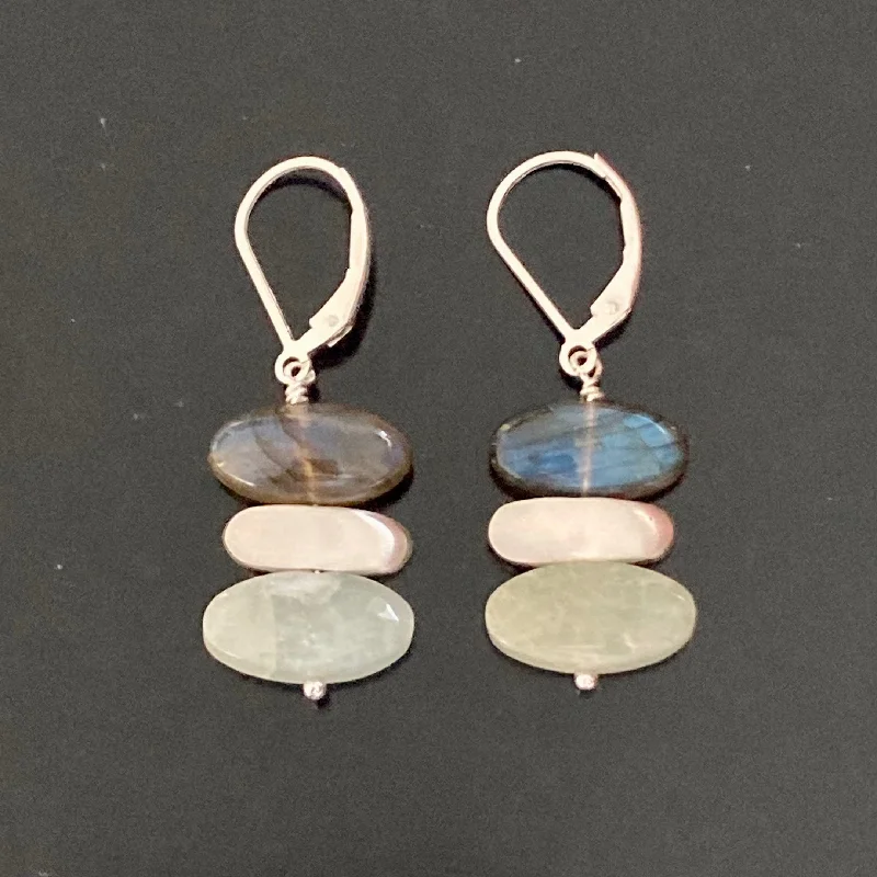 Personalized diamond earrings for women-Stacked Aquamarine, Labradorite and Brushed Sterling Silver Stone Earrings